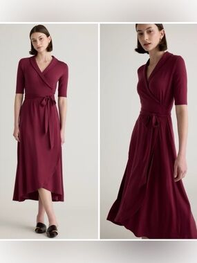 Quince Tencel Jersey Midi Wrap Dress in Wine Red